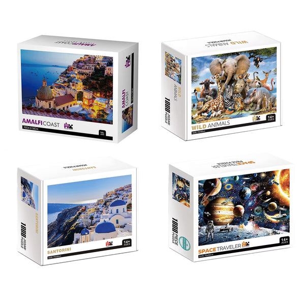 Jigsaw Puzzles 4-in-1 Multi-Pack 1000 Piece Puzzle Pack for Adults - Animal World, Space Traveler, Amalfi Coast, Santorini Island 1000 Piece Jigsaw Puzzles for Adults