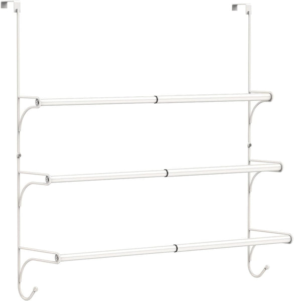 Adjustable Over The Door Triple Towel Rack with Hooks, White