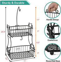 2-Tier Fruit Basket Bowl with Banana Hanger, Metal Wire Fruit Stand Storage, Black