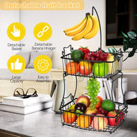 2-Tier Fruit Basket Bowl with Banana Hanger, Metal Wire Fruit Stand Storage, Black