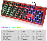 KOLMAX Hunter Gaming Keyboard Rainbow LED Backlit Quiet Keyboard USB, 12 Multimedia Keys, Red