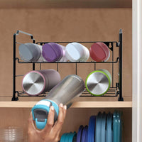 Adjustable 2 Tier Water Bottle Organizer Storage, Stackable Water Bottle Holder Rack, Black (2 Pack)