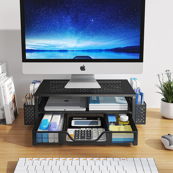 Simple Trending 2 Tier Metal Monitor Stand Monitor riser and Computer Desk Organizer with Drawer and Pen Holder for Laptop, Computer, Black