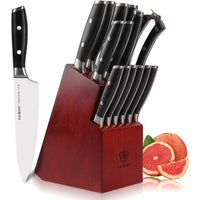 Letton Knife Set, 15-Piece German Steel Professional Kitchen Knife Set with Block - with Kitchen Scissors and Sharpener