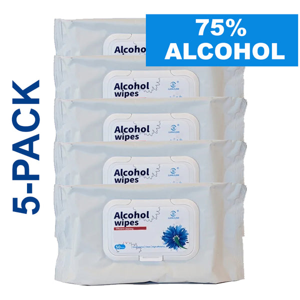 Alcohol Disposable Wipes Pre-Moistened 75% Alcohol, 50 Ct (5-Pack, 250 Wipes)