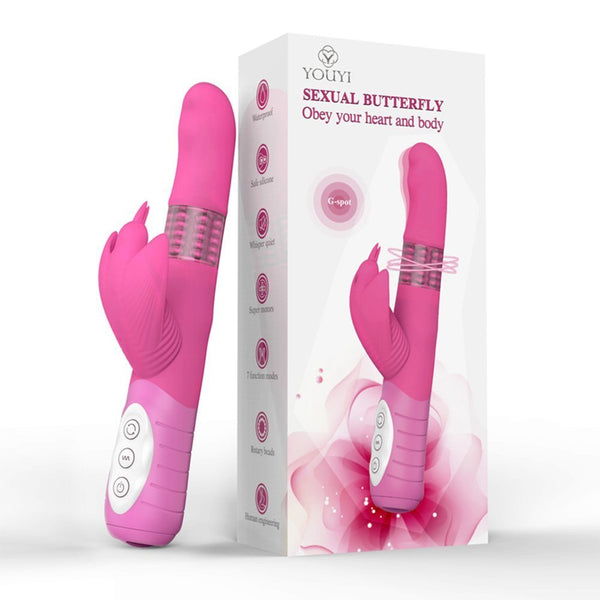 Sexual Butterfly Wireless Rechargeable Handheld Personal Wand Massager with Rotating Beaded Shaft - Pink