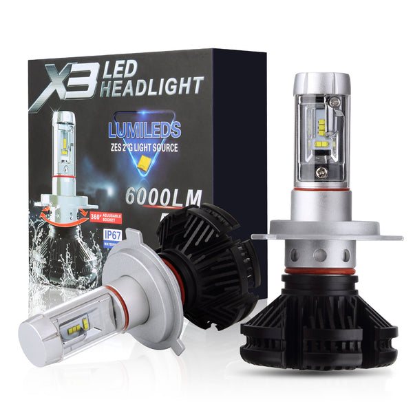 PLW X3 Auto LED Headlight 2 Pack Light, H4 6500K, IP67 Spec, W/Efficient Turbine Cooling