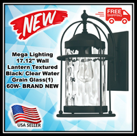 Mega Lighting 17.12" Wall lantern Textured Black/ Clear Water Grain Glass(1) 60W- BRAND NEW
