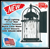 Mega Lighting 17.12" Wall lantern Textured Black/ Clear Water Grain Glass(1) 60W- BRAND NEW